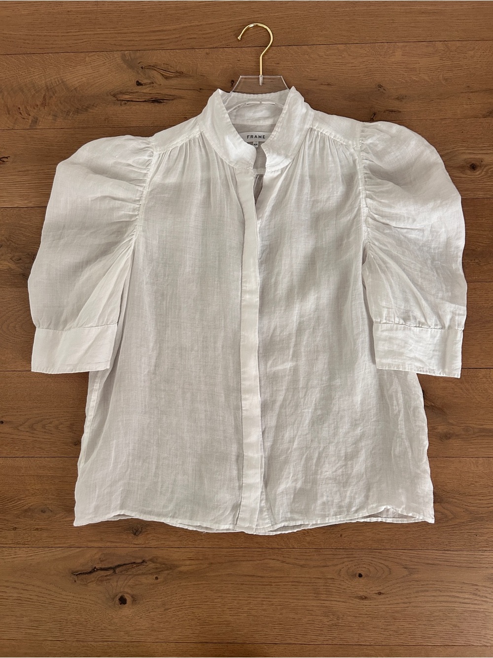 FRAME Gillian White Blouse Ruched Puff Sleeve Top Button Up Shirt Size Medium - Picture 2 of 15